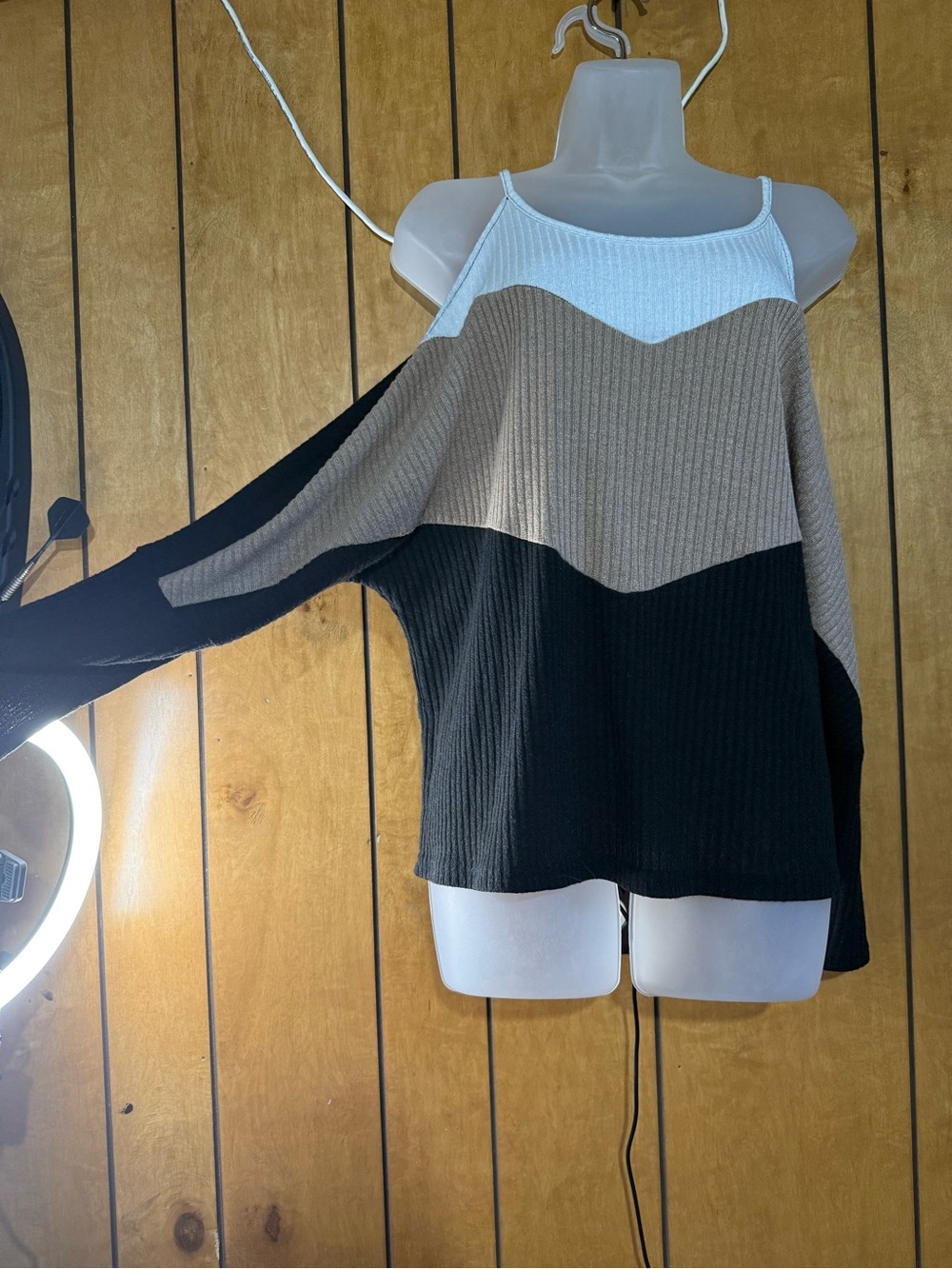SHEIN Off-Shoulder Colorblock Rib-Knit Sweater Tank - White, Taupe, Black